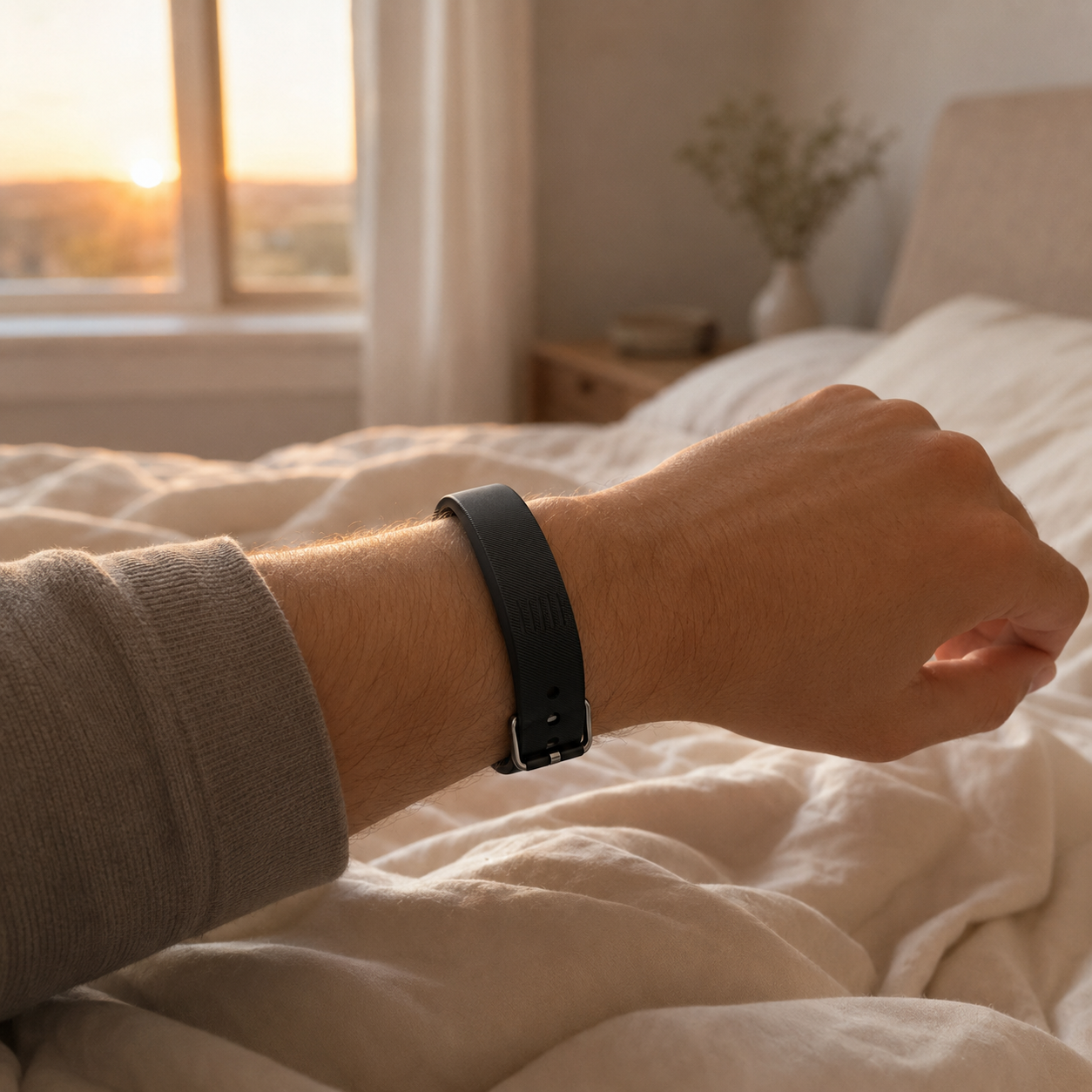 Spark alarm wristband worn in a calm morning bedroom